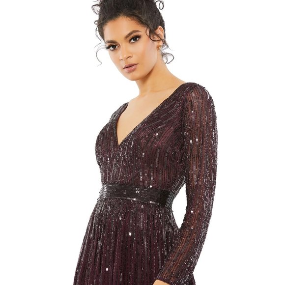 MAC DUGGAL 4977 SEQUINED V NECK ILLUSION LONG SLEEVE A LINE GOWN MULBERRY 16 - Picture 2 of 9